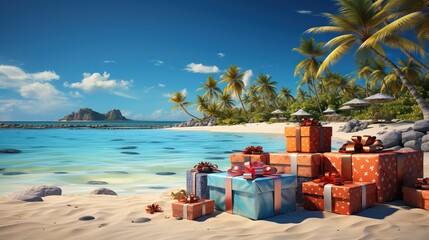 Christmas colorful presents on tropical sand beach.