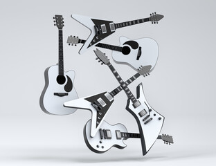 Set of electric acoustic guitars isolated on white background.