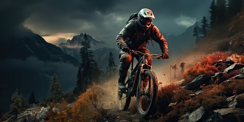 AI Generated. AI Generative. Mountain sport active extreme bike mtb with protection man. Adventure travel inspiration. Can be used for sport tour promotion