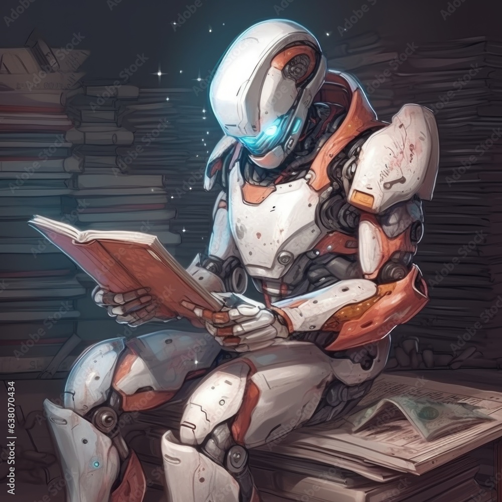 Poster the cyborg biorobot is reading something. ai generative.