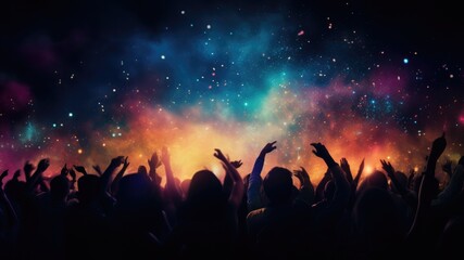 Dancing audience surrounded by colorful smoke with hands up at party, layout for new year wishes and celebration background with copy space for text - obrazy, fototapety, plakaty