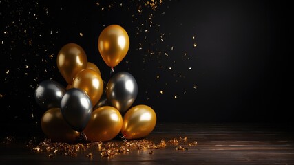 Celebration with silver and gold balloons and confetti, layout for new year wishes and celebration background with copy space for text - obrazy, fototapety, plakaty