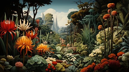 An oil painting trees, plants and flowers, generative ai