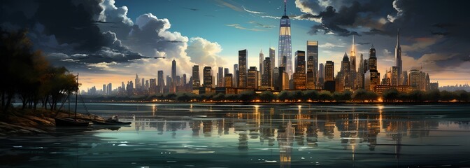 Night city panorama, generative ai
