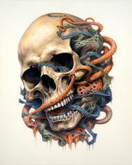 Generated photorealistic image of a gloomy skull with snakes on a white background