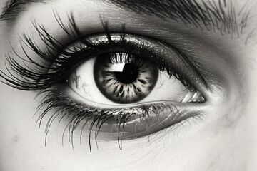 Generated photorealistic image of a female eye with long eyelashes in black and white format - obrazy, fototapety, plakaty