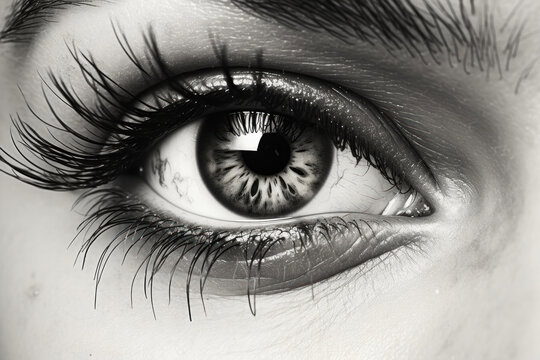 Generated photorealistic image of a female eye with long eyelashes in black and white format