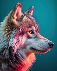 Generated photorealistic image of an arctic wolf at sunset
