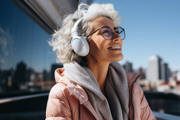 a beautiful woman of 45 years old with natural gray white hair, a wide smile, with large modern headphones on her ears, listens to music, in a hoodie and a T-shirt, against the backdrop of skyscrapers