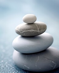 Fototapeta na wymiar Stack of zen stones. Close up pebbles tower, light blue and gray colors. Symbolism, balance, meditative.