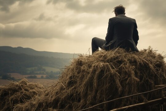 A man sits atop a large haystack, wearing a gray suit and black pants, against a sky white clouds.