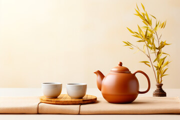 Tea set with teapot and cups on beige background