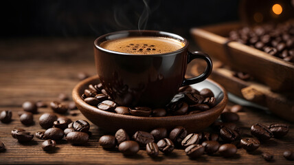 Obraz na płótnie Canvas hot black coffee cup with coffee beans decoration