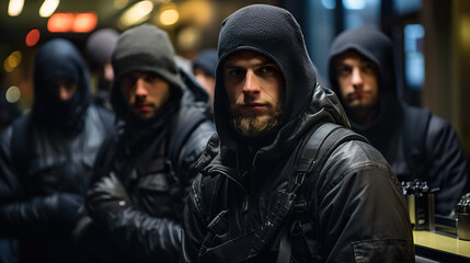 Fototapeta premium A group of robbers with guns commits a bank robbery. 