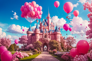 Fairytale pink palace with balloons - obrazy, fototapety, plakaty