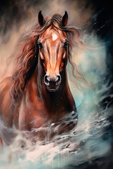 A powerful stallion with ruby eyes and chestnut color. Generative AI