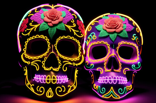 Two vivid neon calaveras on black background for Day of the Dead holiday. Colorful glowing Mexican sugar skulls as a symbol of Dia de los Muertos.