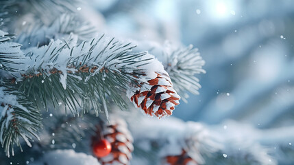 Naklejka na ściany i meble Snowy pine tree branches, Christmas tree, pine cones and ornament, bokeh