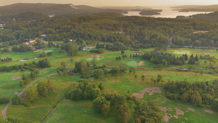 Aerial view on a nice hole in the morning on a golf club in Quebec, Canada