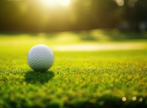 Golf ball on green in beautiful golf course with sunset. Golf ball close up in golf coures. Created with Generative AI technology.