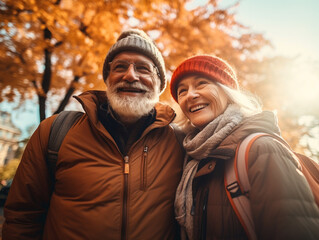 Smiling Senior Couple Enjoying Autumn Walk in Park with Colorful Foliage