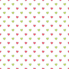 Seamless pink green heart pattern on white background.Simple heart shape seamless pattern in diagonal arrangement. Love and romantic theme background.