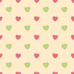 Seamless pink green heart pattern on beige background.Simple heart shape seamless pattern in diagonal arrangement. Love and romantic theme background.