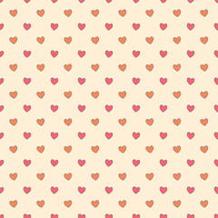Seamless pink orange heart pattern on beige background.Simple heart shape seamless pattern in diagonal arrangement. Love and romantic theme background.