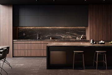 This modern kitchen design featuring a stylish countertop and a sleek stool radiates comfort and sophistication, inviting one to gather and create memories within its walls