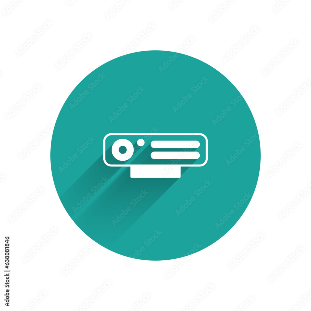 Poster white web camera icon isolated with long shadow. chat camera. webcam icon. green circle button. vect