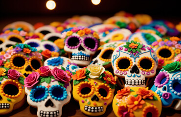 Calavera baked sweets for Dia de los Muertos. Cookies in the shape of sugar skulls on a tray with edible flowers to celebrate the Day of the Dead. 