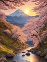 Sakura with Mount Fuji, sunset over the mountain river