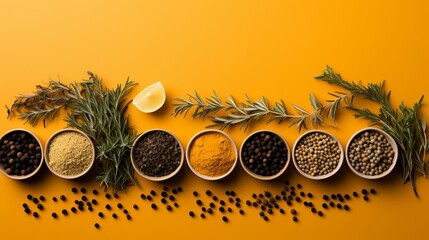 Spices and seasonings for taste. Diversity in the Indian spice market. Large selection of seasonings for cooking dishes on a yellow background with copy space. 