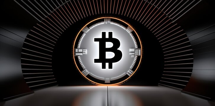 A mysterious clock ticking in a dimly lit tunnel illuminates the glowing bitcoin logo, a powerful circle of hope and promise in a shadowy world - Powered by Adobe