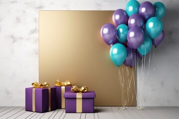 Obraz na płótnie Canvas Purple, gold, blue balloons with helium and gift boxes on white empty wall. Copy space.