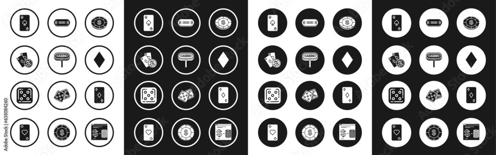 Canvas Prints Set Casino chip with dollar symbol, signboard, Playing cards and glass of whiskey ice cubes, spades, diamonds, Poker table, and Game dice icon. Vector