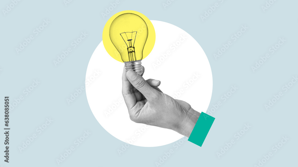 Poster fresh idea is shown using the collage with photos of lamp in the hand. innovative ideas