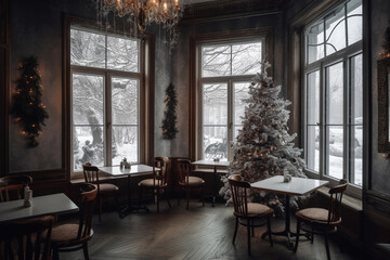 Obraz premium Winter cafe interior with decorated Christmas tree. Generative AI
