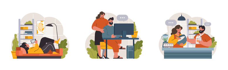 Hygge set. Happy people relaxing at home, family members leisure