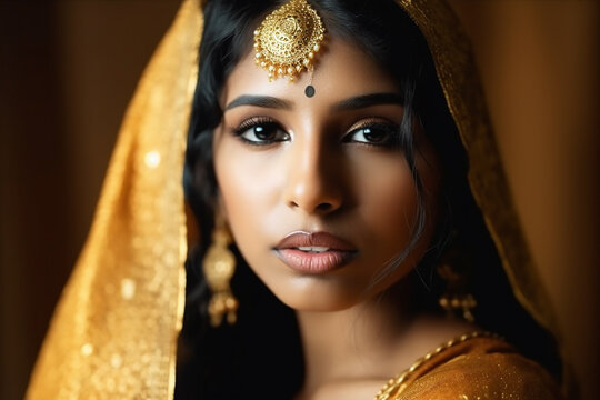 Young indian woman wearing golden clothing. Generative AI