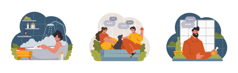 Hygge set. Happy people relaxing at home, family members leisure