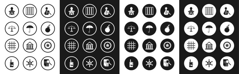 Set Money bag and magnifying glass, Umbrella, Scales of justice, Stage stand or debate podium rostrum, Bomb ready to explode, Prison window, Police badge and icon. Vector