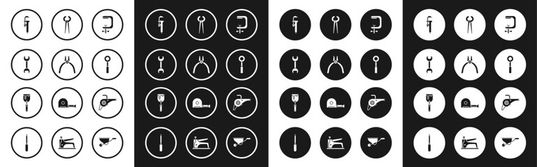 Set Clamp and screw tool, Pliers, Wrench spanner, Calliper or caliper scale, Pincers pliers, Leaf garden blower and Putty knife icon. Vector