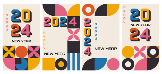 2024 Happy New Year posters set. Vector design templates on geometric style.Minimalistic trendy bauhaus backgrounds.Vector illustration