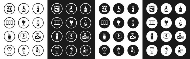 Set Wine bottle, glass, Shot, Glass of whiskey, Beer, Bottle cognac or brandy, Whiskey and Cocktail Bloody Mary icon. Vector