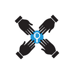 Team work. Team hands together icon with research sign, explore, find, inspect symbol