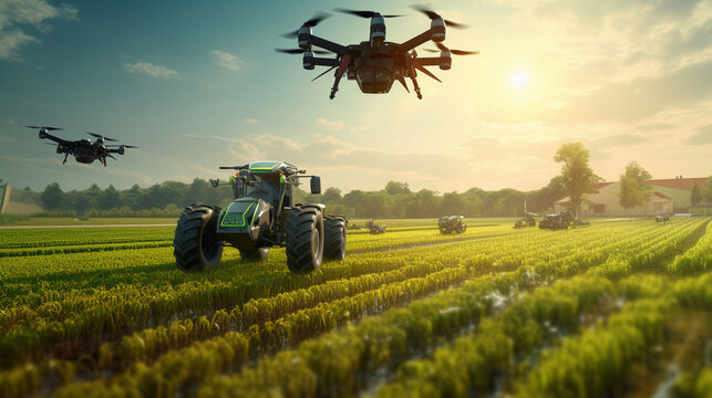 Smart farm with highest technology, drones, traktors, other farming machines