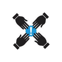 Team work. Team hands together icon with exclamation mark, alert, error, alarm, danger symbol