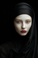 Portrait of a woman wearing a black turban