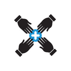 Team work. Team hands together icon with add sign, new, plus, positive symbol
